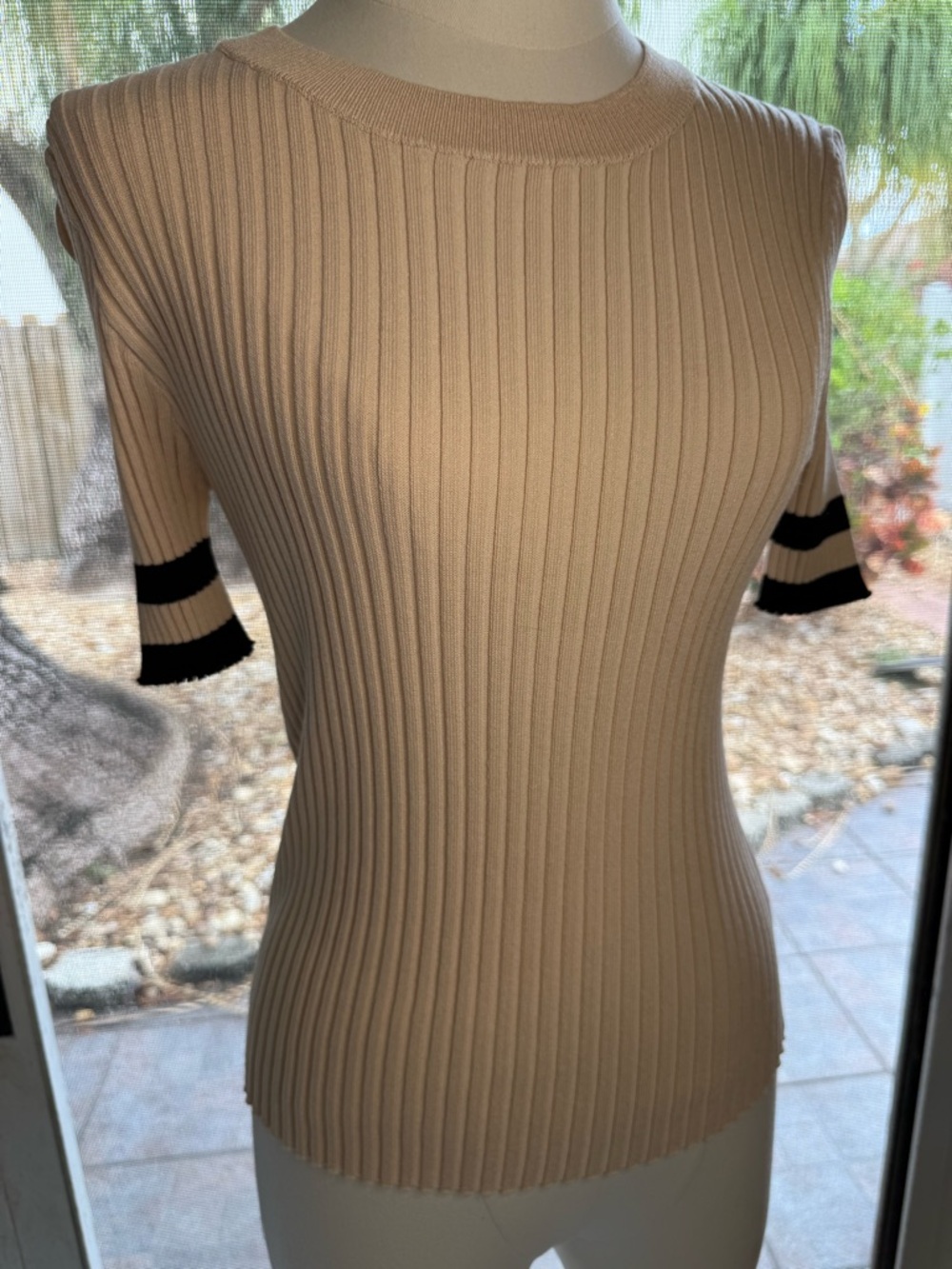 White Birch Ribbed Short-Sleeve Sweater in Beige with Black Stripe Detail NWOT